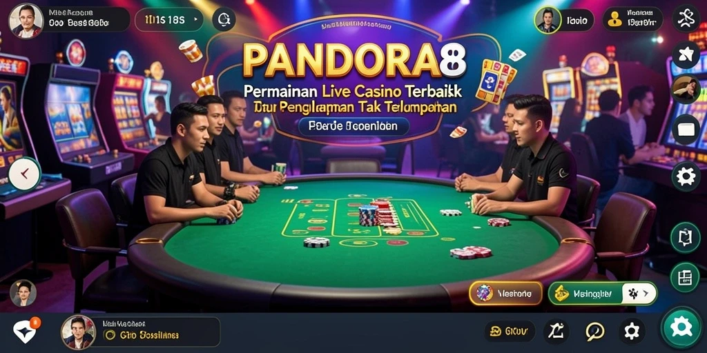 Screenshot gameplay PANDORA88 dengan dealer langsung dan suasana kasino.