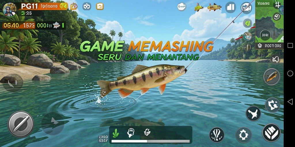 Gameplay PG11 yang menampilkan momen memancing seru di lokasi indah.